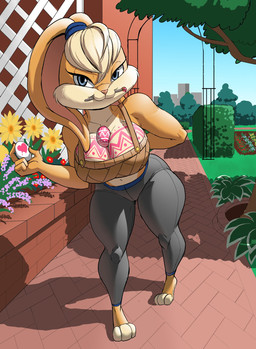 3_toes anthro barefoot blonde_hair blue_eyes bodypaint bottomwear brush clothing crop_top easter_egg feet female fur garden hair head_tuft holidays long_ears navel outside paintbrush pants shirt solo tan_body tan_fur tight_bottomwear tight_clothing tight_pants toes toony topwear tuft white_body white_fur yoga_pants volt3n easter looney_tunes warner_brothers lola_bunny lagomorph leporid mammal rabbit hi_res