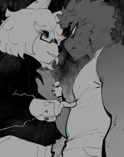 anthro biped blush bodily_fluids clothed clothing duo eyebrows eyeliner eyewear female fingers fur glasses grey_background hair makeup male simple_background standing sweat sweater topwear goonie-san andy_(shizumoh) goon_(goonie_san) canid canine canis domestic_dog felid feline mammal hi_res
