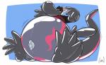 4_fingers 4_toes anthro belly big_belly big_feet black_hair blue_background bottomless clothed clothing feet fingers fur glistening hair huge_belly huge_feet inflatable inflation inflation_fetish latex male nozzle simple_background solo tail thick_tail toes transformation soul-silver-dragon nintendo pokemon cryo_lithius animate_inanimate generation_7_pokemon living_inflatable mammal pokemon_(species) salazzle sergal 2019 absurd_res digital_drawing_(artwork) digital_media_(artwork) hi_res