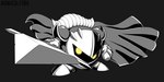ambiguous_gender armor biped buckle cape clothed clothed_ambiguous clothed_feral clothing feral flowing_cape front_view gloves grey_background handwear holding_melee_weapon holding_object holding_sword holding_weapon looking_at_viewer mask melee_weapon on_model perspective pose sabatons semi-anthro shadow_face shoulder_armor simple_background solo standing sword weapon yellow_eyes maniacalfork kirby_(series) nintendo meta_knight alien waddling_head 2020 digital_drawing_(artwork) digital_media_(artwork) hi_res high_contrast restricted_palette male_(lore)