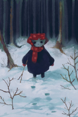 ambiguous_gender anthro clothing coat detailed_background footprint forest forest_background fur grey_body grey_fur handwear holding_object holding_stick mittens outside plant red_clothing red_handwear red_mittens red_scarf scarf snow standing stick topwear tree ktpiwo domestic_cat felid feline felis mammal 2022 absurd_res hi_res