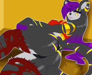 anthro big_butt black_body black_fur breasts butt camel_toe clothed clothing curvy_figure ear_piercing female fur gradient hair legwear looking_at_viewer looking_back looking_back_at_viewer lying multicolored_body multicolored_fur on_side open_mouth panties piercing rear_view simple_background smile solo stockings teeth thick_thighs thigh_highs torn_clothing underwear voluptuous wide_hips nightmarebearpuff domestic_cat felid feline felis mammal pantherine 2018 absurd_res digital_drawing_(artwork) digital_media_(artwork) hi_res signature
