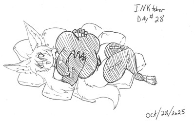 anthro big_breasts biped breast_grab breasts clothed clothed_anthro clothed_female clothing count day_count female female_anthro front_view hand_on_breast huge_breasts latex latex_clothing latex_legwear latex_stockings legwear lying on_back pillow stockings text toeless_legwear toeless_stockings vant_talon inktober inktober_2025 mammal species_request 2025 black_and_white dated english_text hi_res monochrome pen_(artwork) traditional_media_(artwork)