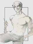 abs bottomwear clothed clothing grey_hair hair horn male pants pecs solo topless topless_humanoid teethingphase metaphor:_refantazio leon_strohl_da_haliaetus clemar horned_humanoid humanoid 3:4 hi_res