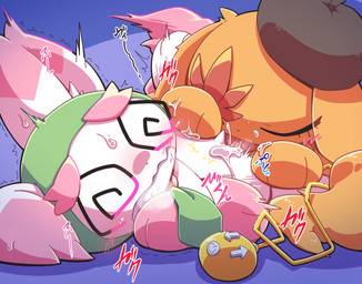 blush bodily_fluids chibi cunnilingus duo egg_vibrator eyes_closed female female/female genital_fluids genitals open_mouth oral orange_body pink_body sex sex_toy text tongue tongue_out vaginal vaginal_fluids vibrator vulva white_body nettsuu japanese_text