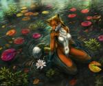 5_fingers anthro biped black_nose blonde_hair day detailed_background female fingers flower fur hair kneeling lily_pad nude orange_body orange_fur outside partially_submerged plant solo water whiskers yellow_eyes aurru reyna_(reynafox) canid canine fox mammal 2019