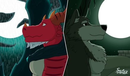 abs anthro duo full_moon fur male moon muscular night raining sarkvy friday_night_funkin' livid_lycanthrope mythology lycurgus vermithrax canid canine canis dragon mammal mythological_creature mythological_scalie scalie wolf absurd_res hi_res