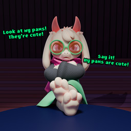 angry anthro crossed_arms eyewear feet foot_on_table furniture glasses horn male paws scarf solo table text young young_male supersuperrare bluegua_(modeler) deltarune undertale_(series) ralsei bovid caprine goat mammal 1:1 blender_(artwork) blender_cycles_(artwork) digital_media_(artwork) english_text hi_res