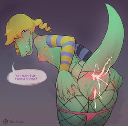 after_sex anthro anus armpit_hair armwear bent_over big_anus blonde_hair blush bodily_fluids body_blush body_hair breasts butt butt_focus claws clothed clothing cum cum_expulsion cum_in_ass cum_in_vagina cum_inside cum_string female fishnet_clothing genital_fluids genitals glistening glistening_body glistening_clothing gradient_background green_body green_scales green_skin hair hand_on_butt legwear lipstick looking_at_viewer looking_back makeup nipples non-mammal_breasts non-mammal_nipples panties panties_down partially_clothed pink_nipples presenting presenting_anus presenting_vulva puffy_anus scales seductive sharp_teeth simple_background slim smile smiling_at_viewer solo speech_bubble spread_anus spread_butt spread_vulva spreading sweat sweatdrop tail teeth underwear underwear_down vaginal_fluids vulva vulva_blush tofu_froth undertale undertale_(series) bratty_(undertale) alligator alligatorid crocodilian reptile scalie 2021 digital_media_(artwork)