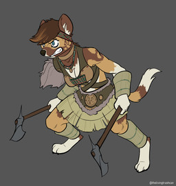 accessory action_pose angry anthro armor axe barbarian bottomwear breasts clenched_teeth clothing female headband jewelry melee_weapon necklace pose skirt solo teeth tribal warrior weapon thelivingtrashcan dungeons_and_dragons hasbro wizards_of_the_coast zeya_(character) african_wild_dog canid canine mammal 2020 hi_res