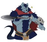 anthro armor axe blue_body blue_fur body_hair bone bottomwear cape chest_hair chest_tuft claws clothing fur gauntlets gloves handwear happy_trail holding_object holding_weapon loincloth male melee_weapon muscular muscular_male nipples pecs scar simple_background solo tail tuft weapon huskero arc_the_lad arc_the_lad:_twilight_of_the_spirits sony_corporation sony_interactive_entertainment volk_(arc_the_lad) canid canine canis mammal wolf 2023 digital_media_(artwork) half-length_portrait hi_res portrait