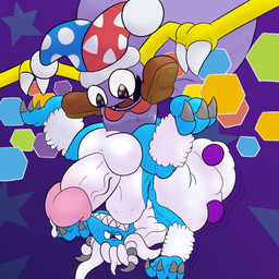 abdominal_bulge accessory anal anal_penetration anthro ass_up balls beads big_balls big_penis blue_body bodily_fluids bow_tie butt claws clothing cum duo erection fangs fluffy fool's_hat footwear fur genital_fluids genitals hair_accessory hair_beads hat headgear headwear huge_balls huge_penis humanoid_genitalia hyper hyper_balls hyper_genitalia hyper_penis jester larger_penetrated looking_pleasured male male/male male_penetrated male_penetrating male_penetrating_male multicolored_body open_mouth penetration penis piledriver_position purple_body purple_eyes sex shoes simple_background size_difference small_but_hung smile teeth white_body white_fur wings anoelotl kirby_(series) nintendo marx_(kirby) xaliah_(character) scalie waddling_head 1:1 2025 absurd_res digital_drawing_(artwork) digital_media_(artwork) hi_res