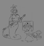 anthro bodily_fluids breasts clothing duo female hat headgear headwear legless looking_down magic_user male male/female melee_weapon polearm size_difference smile spear sweat sword weapon little_hareboy deltarune undertale_(series) ralsei bovid caprine goat humanoid mammal rudinn monochrome sketch