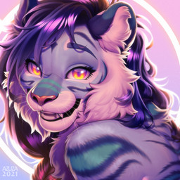 anthro blue_body blue_fur cheek_tuft eyelashes facial_tuft fangs female fur hair inner_ear_fluff looking_at_viewer multicolored_eyes open_mouth open_smile purple_eyes purple_hair smile solo teeth text tuft two_tone_eyes whiskers white_body white_fur white_inner_ear_fluff yellow_eyes azuza felid mammal 1:1 2021 artist_name dated