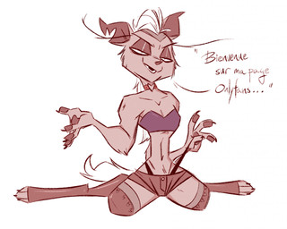 anthro bottomwear choker clothed clothing dialogue eyebrows female flat_chested french fur g-string gesture hair hand_gesture happy jewelry kneeling leggings legwear long_eyebrows mohawk mullet necklace pose shaved_sides shorts simple_background skinny slim small_waist smile smiling_at_viewer smirk smirking_at_viewer solo tail talking_to_viewer text thong topwear underwear fluttershythekind mythology madeline_gevaudan canid canine mammal mythological_canine mythological_creature werecanid werecanine werecreature werewolf 5:4