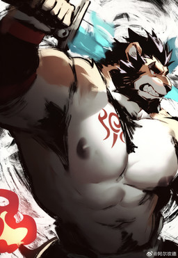 abs anthro areola armpit_hair beard biceps black_hair body_hair chest_hair chest_tattoo clenched_teeth facial_hair fire flaming_sword flaming_tail flaming_weapon fur hair happy_trail male melee_weapon muscular muscular_anthro muscular_male navel nipples orange_body orange_fur red_eyes red_tattoo solo sword sword_on_shoulder tail tattoo teeth weapon weapon_on_shoulder weibo_logo white_body white_fur unknown_artist weibo alcander_(wakatanka4) felid lion mammal pantherine 2025 hi_res