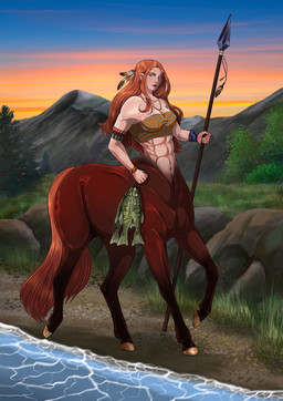 5_fingers abs accessory armband athletic athletic_female athletic_taur bottomless bottomless_female bottomless_taur brown_body clothed clothed_female clothed_taur clothing collarbone detailed_background eyebrows feather_accessory feather_in_hair feathers feet female female_taur fingers food green_eyes hair hair_accessory holding_fish holding_food holding_melee_weapon holding_object holding_polearm holding_spear holding_weapon hooves human_torso long_hair looking_at_viewer loose_feather melee_weapon midriff mountain muscular muscular_female navel orange_hair orange_tail outside polearm quadruped raised_leg solo spear split_form sunset tail unguligrade walking water weapon wristband avozuka european_mythology greek_mythology mythology centaur equid equid_taur humanoid_taur mammal mammal_taur taur 2022 hi_res signature