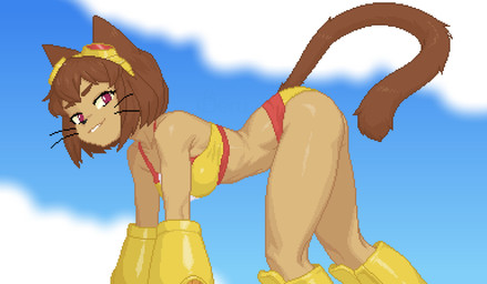 all_fours anthro athletic athletic_anthro athletic_female bikini breasts brown_eyebrows brown_hair brown_tail clothing cloud collarbone day eyebrows eyewear eyewear_on_head female female_anthro goggles goggles_on_head hair looking_at_viewer medium_breasts medium_hair purple_eyes red_bikini red_clothing red_swimwear short_snout sky smile solo swimwear tail tan_body two-piece_swimsuit two_tone_bikini whiskers yellow_bikini yellow_clothing yellow_swimwear en'deru gameoverse glitch_productions kit_bodega felid feline mammal 2026 digital_media_(artwork) hi_res pixel_(artwork)