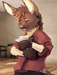 anthro book bottomwear brown_body brown_fur brown_hair clothing eye_scar eyes_closed facial_scar fluffy fur hair happy male paper plantigrade scar shirt shorts tail tan_body tan_fur teeth_showing topwear sweetmacchi ra'zim gulonine hybrid kangaroo macropod mammal marsupial marten mustelid musteline sable_(marten) 2025 3:4 absurd_res hi_res