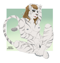4_toes 5_fingers anthro brown_hair eyebrows eyelashes feet female fingers fur genitals grey_sclera hair leucistic open_mouth orange_eyes solo teeth toes tongue vulva white_body white_fur yellow_eyes compass_(artist) microsoft the_elder_scrolls sheta felid feline khajiit mammal pantherine tiger vampire 2019 digital_media_(artwork) hi_res
