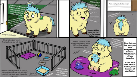 ambiguous_gender ball blonde_hair blue_body blue_fur blue_hair blue_tail bowl brown_hooves container crotch_breasts eyes_closed female female_feral feral fur good_parenting green_body green_fur group hair happy hooves inside lifting_another litter_box nipples offscreen_character pink_hair pink_tail profanity purple_body purple_fur riding_on_back sitting sleeping solo_focus tail text toony yellow_body yellow_fur yellow_tail young young_ambiguous young_feral roadkill_(fc) fluffy_pony fluffy_pony_(species) mammal 16:9 2025 broken_language comic digital_drawing_(artwork) digital_media_(artwork) english_text hi_res widescreen