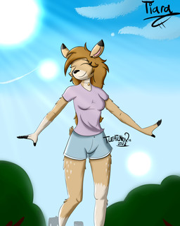 anthro black_body black_fur black_nose brown_body brown_hair building clothing cloud countershading detailed_background female fur hair humanoid_hands jewelry light long_hair necklace plant short_tail smile solo sun sunlight tail tree walking firenox1559 tleatlnox59 tiara_(tleatlnox59) deer mammal 4:5 absurd_res digital_media_(artwork) hi_res