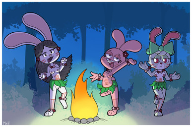 anthro breasts dancing female flower_accessory genitals grass_skirt group markings nipples nude tribal tribal_markings trio vulva mr_harinezumi cartoon_network elinor_wonders_why murphy_and_mitzi pbs the_amazing_world_of_gumball anais_watterson bunny_(ajmarekart) elinor_rabbit lagomorph leporid mammal rabbit absurd_res hi_res