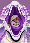 anthro bodily_fluids duo ear_piercing ear_ring ear_stud fangs female feral front_view fully_inside fur glistening glistening_eyes hair in_throat male male_prey mouth_shot narrowed_eyes one_eye_closed open_mouth oral_vore orange_body orange_fur piercing purple_eyes purple_inner_ear purple_tongue ring_piercing saliva saliva_on_face saliva_on_tongue saliva_string sharp_teeth tan_body tan_fur tan_hair teeth tongue vore white_body white_fur white_hair yellow_eyes imperatorcaesar mythology dragon felid furred_dragon furred_scalie mammal mythological_creature mythological_scalie scalie absurd_res hi_res