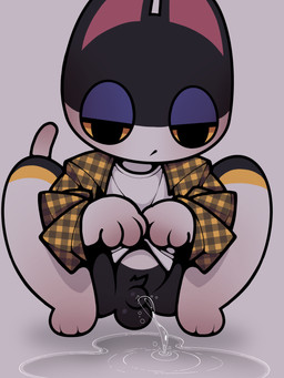 anthro balls bodily_fluids bottomless clear_urine clothed clothing crouching flaccid foreskin genital_fluids genitals male peeing penis solo spread_legs spreading urine nulldjqtdma animal_crossing nintendo punchy_(animal_crossing) domestic_cat felid feline felis mammal 3:4 absurd_res hi_res