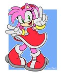 accessory amy_rose anthro black_nose clothed clothing dress eulipotyphlan eyelashes female footwear fur gesture gloves green_eyes hair_accessory hairband hand_gesture handwear hedgehog looking_at_viewer mammal pink_body pink_fur sega shoes simple_background solo sonic_the_hedgehog_(series) sournack v_sign