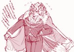 anthro blush cape clothing embarrassed male pecs regalia solo suit text pyc6zncwf9uvnpf lifewonders live_a_hero sadayoshi canid canine mammal hi_res japanese_text sketch