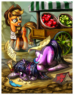 apple apron blonde_hair book cart clothing cowboy_hat cutie_mark duo feathers female feral food fruit fur green_eyes hair hat headgear headwear horn mud multicolored_hair orange_body orange_fur outside paper plant puddle purple_body purple_eyes purple_fur purple_hair quadruped scroll tail two_tone_hair wood harwick friendship_is_magic hasbro my_little_pony mythology applejack_(mlp) twilight_sparkle_(mlp) earth_pony equid equine horse mammal mythological_creature mythological_equine pony unicorn 2013 hi_res