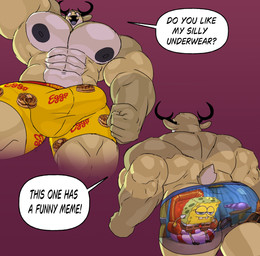 abs anthro antlers barazoku biceps big_bulge big_muscles bulge clothed clothing horn huge_muscles hyper hyper_muscles looking_at_viewer male muscular muscular_male nipples pecs simple_background solo speech_bubble text triceps underwear underwear_only parttimeyeen eggo meme_clothing nickelodeon spongebob_squarepants spongebob_squarepants_(character) deer mammal english_text hi_res meme