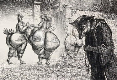 anthro big_butt butt clothing female gate group huge_butt male robe thick_thighs translucent translucent_clothing translucent_robe hohohonse reynard_the_fox avian bird canid canine canis fox mammal black_and_white monochrome sketch