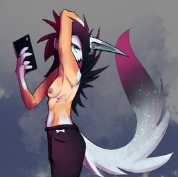 anthro areola athletic athletic_female bottomwear breasts cellphone clothed clothing electronics female fur gradient_fur phone presenting presenting_breasts selfie side_eye smartphone suntan tan_line topless transformation white_body white_fur carrioncat canid canine mammal absurd_res hi_res