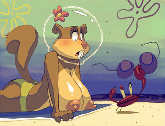 anthro armor beach big_breasts blush border breasts buckteeth butt clothed clothing female headgear helmet lying nipples on_front shocked solo stolen_clothing swimwear teeth topless soulharvest nickelodeon spongebob_squarepants sandy_cheeks arthropod crab crustacean decapod malacostracan mammal rodent sciurid tree_squirrel