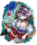 alcohol anthro beverage breasts clothing collar female fur genitals grey_body grey_fur hair hat headgear headwear holding_glass holding_object purple_hair pussy solo top_hat wine auradeva canid canine fox mammal 2013