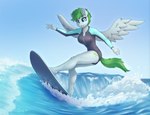 anthro blue_body blue_eyes blue_fur breasts butt clothing collarbone cutie_mark exposure_variation eyebrows eyelashes feathered_wings feathers female freckles fur glistening glistening_body green_hair green_tail hair inner_ear_fluff outside sea short_hair side_view smile solo surfboard surfing tail tuft water wet wetsuit wings dandy_(artist) hasbro my_little_pony mythology fan_character equid equine mammal mythological_creature mythological_equine pegasus 2023 absurd_res hi_res