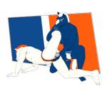 anthro ballbusting balls bulge butt clothing cock_and_ball_torture duo genital_torture genitals male male/male muscular pain smile underwear 9x9 denver_broncos indianapolis_colts nfl blue_(mascot) miles_(mascot) equid equine horse mammal