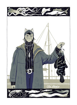 ambiguous_gender anthro beanie belt_buckle boat border buckle clothing fish_hook fishbone furgonomic_beanie furgonomic_hat furgonomic_headwear furgonomics hat headgear headwear holding_fish_hook hook jacket jewelry looking_away necklace shell simple_background smile solo sweater topwear vehicle watercraft white_background white_border goblinstunts aquatic arthropod cephalopod coleoid crustacean domestic_cat eel felid feline felis fish mammal mollusk octopodiform octopus shrimp hi_res restricted_palette