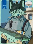 anthro apron boat circle_eyebrows clothed clothed_anthro clothed_male clothing eyebrows fingers front_view fur holding_fish male male_anthro open_mouth open_smile outside sea smile solo vehicle water watercraft sneasul canid canine fish mammal marine 2024 absurd_res hi_res portrait