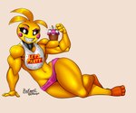 anthro beakless bib biceps black_sclera clothing eyelashes eyeshadow female flexing lying machine makeup metallic_body muscular muscular_anthro muscular_female navel on_side panties pose shaking sharp_teeth solo teeth thick_thighs underwear wide_hips yellow_body e4hargus five_nights_at_freddy's five_nights_at_freddy's_2 scottgames advanced_toy_chica cupcake_(fnaf) toy_chica_(fnaf) animatronic avian bird chicken galliform gallus_(genus) phasianid robot 2022 6:5 digital_media_(artwork) hi_res