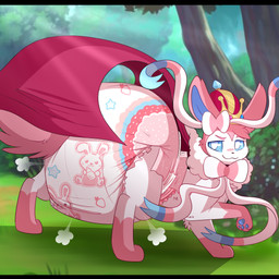 ambiguous_feral ambiguous_gender big_diaper blue_inner_ear blue_pawpads blue_sclera bow_(anatomy) bunnyhopps_(diaper) cape clean_diaper clothed clothing cloud_emanata crown diaper diaper_puff emanata feral forest forest_background fur gloves_(marking) grass head_tuft head_turned headgear huge_diaper leg_markings looking_at_viewer looking_back looking_back_at_viewer markings multicolored_body multicolored_fur nature nature_background pattern_diaper pawpads pink_body pink_ears pink_fur pink_tail plant shrub smile socks_(marking) solo standing tail tree tuft wearing_diaper white_body white_fur jupiters abuniverse bunnyhopps nintendo pokemon moon_(mrmoonmoo) eeveelution generation_6_pokemon pokemon_(species) sylveon 1:1 2022 hi_res letterbox male_(lore)