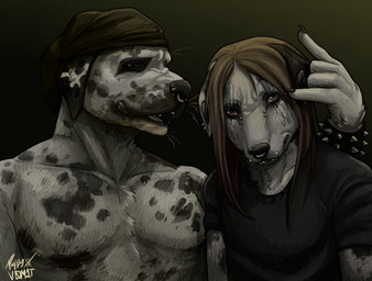 alternative_fashion angelbite_piercing anthro athletic athletic_anthro athletic_male barbell_piercing beanie black_body black_clothing black_fur black_nose black_shirt black_t-shirt black_topwear bracelet bridge_piercing broad_shoulders brown_beanie brown_clothing brown_eyes brown_hat brown_headwear chest_tuft clothed clothing collarbone devil_horns_(gesture) dewlap_(anatomy) duo ear_piercing ear_ring facial_piercing female floppy_ears fur furgonomic_piercing furgonomics gesture goth hair hand_gesture hat headgear headwear jewelry jowls lip_piercing long_hair looking_aside_at_viewer looking_at_viewer makeup male markings mascara multicolored_body muzzle_piercing nipple_barbell nipple_piercing nipples nose_piercing open_mouth piercing punk ring_piercing running_makeup running_mascara shirt simple_background spiked_bracelet spikes spots spotted_body t-shirt teeth topless topless_anthro topless_male topwear tuft white_body white_fur puppyv0m1t art_fight artfight2025 canid canine canis dalmatian domestic_dog mammal absurd_res bust_portrait hi_res portrait signature nonbinary_(lore)