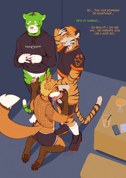 4_toes 5_fingers anthro barefoot beverage bodily_fluids bottomwear bottomwear_down clothed clothed_anthro clothed_male clothed_sex clothing container cuckold cum cup dialogue digit_ring dipstick_tail ear_piercing ear_ring electronics eyes_closed feet fellatio fingers footwear furniture genital_fluids genitals glass glass_container glass_cup group hair hand_behind_neck hand_on_head handjob_while_sucking hoodie humanoid_genitalia humanoid_penis interspecies jersey jewelry looking_at_another looking_at_partner male male/male male_anthro markings oral pants pants_down partially_clothed pawpads penile penis phone piercing ring ring_piercing sex shirt shoes socks sweat sweatdrop table tail tail_markings text toes topwear trio wedding_ring snofu cantares little_the_foxy canid canine felid fox mammal pantherine tiger 2026 flat_colors hi_res