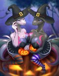 anthro big_breasts breasts cleavage clothed clothing duo female hat headgear headwear jack-o'-lantern witch_hat chia_mio nintendo pokemon generation_7_pokemon pokemon_(species) salazzle shiny_pokemon hi_res