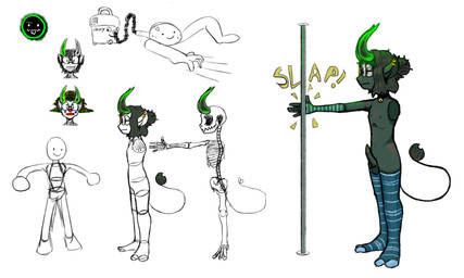ambiguous_gender armwear bone clothing collar ear_piercing erection exhibitionism eyewear femboy genitals glasses glowing glowing_horn green_body green_hair hair horn legwear male penis piercing pole public public_nudity skeleton solo tail text thigh_highs popping_weasel henry_hoover demon goblin humanoid hi_res sketch_page