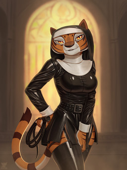 anthro bedroom_eyes belt breasts church clothed clothing female fur half-closed_eyes holding_object holding_whip inside latex latex_clothing latex_legwear latex_stockings legwear looking_at_viewer narrowed_eyes nun_habit nun_outfit orange_body religious_clothing seductive smile solo standing stockings stripes tail topwear whip hacatiko dreamworks kung_fu_panda master_tigress felid mammal pantherine tiger 3:4 digital_media_(artwork) hi_res