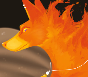 ambiguous_gender blue_pupils brown_background ear_piercing ear_stud feral fire fire_from_neck fur jewelry looking_at_viewer mouth_closed necklace orange_body orange_eyes orange_fur piercing pupils sharp_teeth side_view simple_background solo sun sun_necklace teeth yellow_body yellow_fur swampjaws canid canine mammal