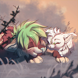 blurred_background brown_body brown_fur claws cuddling duo eyes_closed facial_markings female feral fur fur_markings grass green_hair green_nose hair happy head_markings lying male markings nature outside paws pink_nose plant sleeping smile spots sunset toony warm_lighting white_body white_fur shyryp canid canine mammal 1:1 absurd_res digital_media_(artwork) hi_res shaded